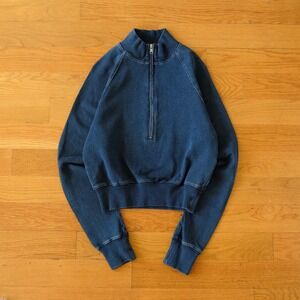 GOOD AMERICAN Jeanius Mock Zip Pullover Indigo Blue Cropped Sweatshirt Size S